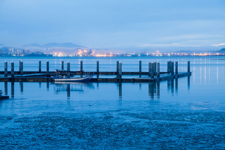Fishermen port view during blue hour in Penang, Malaysiaの写真素材