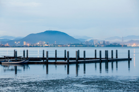Fishermen port view during blue hour in Penang, Malaysiaの写真素材