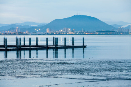 Fishermen port view during blue hour in Penang, Malaysiaの写真素材