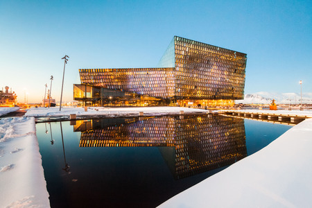 ReykjavÃ­k, Iceland, February 2017 : Harpa Concert Hall view during blue hour which is a concert hall and conference centreのeditorial素材