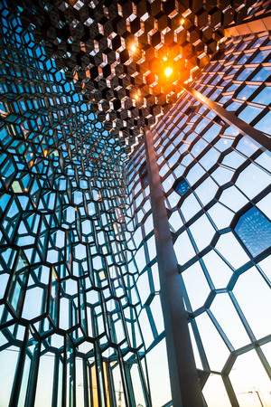 ReykjavÃ­k, Iceland, February 2017 : Harpa Concert Hall view during blue hour which is a concert hall and conference centreのeditorial素材