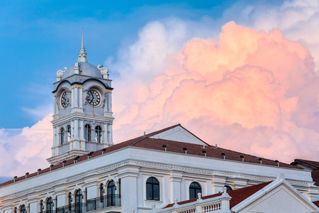 Close up view of clock tower with blue sky in George Town Penangのeditorial素材
