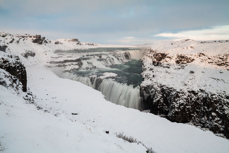 Gullfoss waterfall view in the canyon of the Hvita river during winter snow Icelandの写真素材