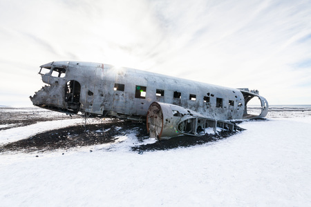 Solheimasandur the plane wreck view during winter snowの写真素材