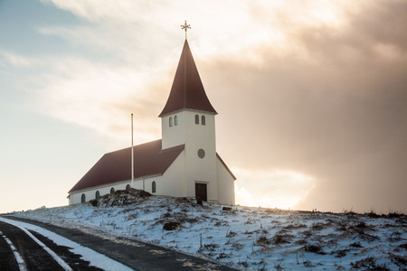Vik Church view during winter which located in village of Vik in Reynisfjara, Icelandの写真素材