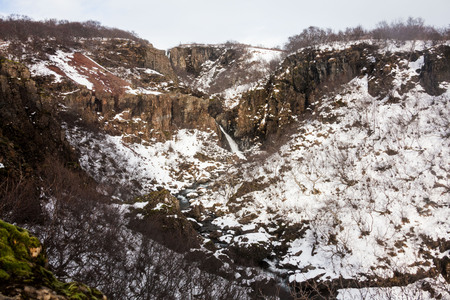 Skaftafell National Park view during winter snow which located in Vatnajokull Iceland that lead to Kristinartindar Mountain and Svartifoss waterfall.の写真素材