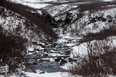 Skaftafell National Park view during winter snow which located in Vatnajokull Iceland that lead to Kristinartindar Mountain and Svartifoss waterfall.の写真素材