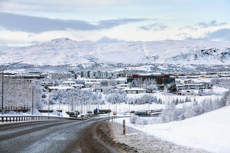 Beautiful and dangerous driving road in winter snow Icelandの写真素材