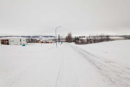 Gerdi guesthouse view during winter snow in Hofn Icelandの写真素材