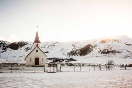 Vik Church view during winter which located in village of Vik in Reynisfjara, Icelandの写真素材