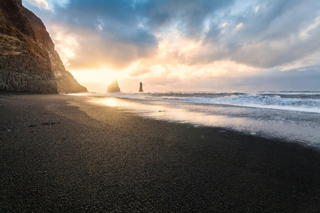 Reynisfjara or better known as Black Sand beach view during sunriseの写真素材