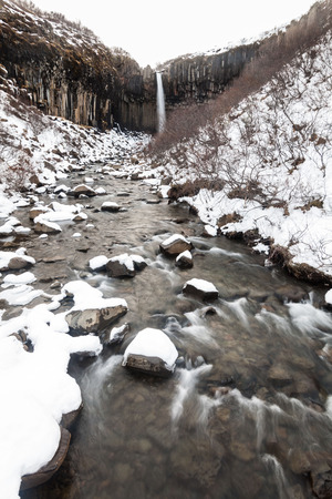 Skaftafell National Park view during winter snow which located in Vatnajokull Iceland that lead to Kristinartindar Mountain and Svartifoss waterfall.の写真素材