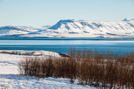 Borgarnes view during winter which is a town located on a peninsula at the shore of Borgarfjordur, Icelandの写真素材