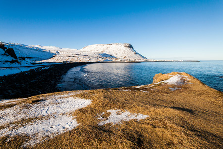 Olafsvik view during winter snow which is a charming small town in Iceland on the northern side of the Snaefellsnes Peninsulaの写真素材