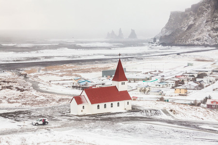 Vik Church view during winter which located in village of Vik in Reynisfjara, Icelandの写真素材