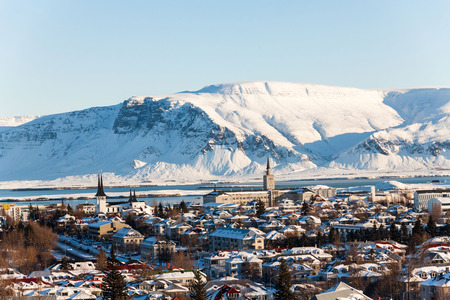 Reykjavik city view of Hallgrimskirkja from Perlan Dome, Icelandの写真素材