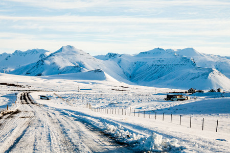 Beautiful winter snow landscape of Snaefellsnesvegur near Kirkjufellの写真素材