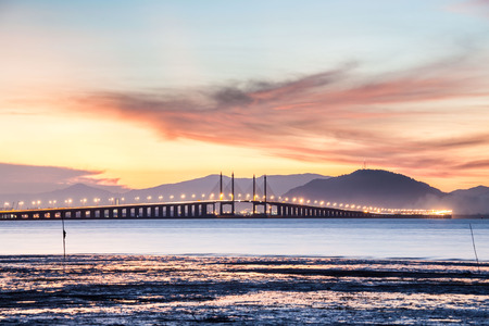 Penang Bridge view from the shore of George Town, Malaysiaの写真素材