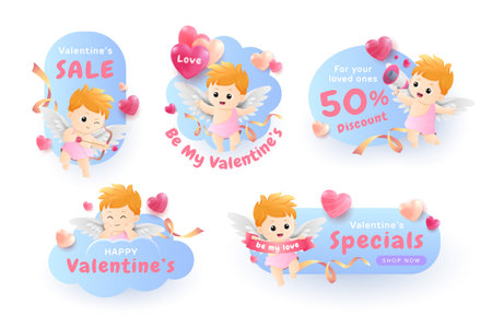 Valentineâs Day Cupid Label Collection. Promotion blue sale label template for love and valentineâs day concept.のイラスト素材