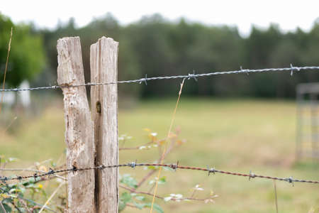 Eroded wooden stake fence with barbed wire. Rural view with blurred background. No trespassing private property uninvited entry. Animal shepherd of cattle and livestockの写真素材