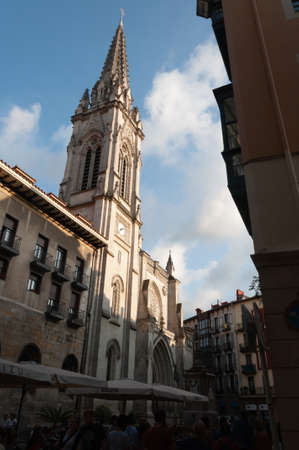Bilbao, Euskal Herria, Spain - 09 04 2018: Side view of Santiago Cathedral at old downtown Bilbao in a summer sunset with blue sky and cloudsのeditorial素材