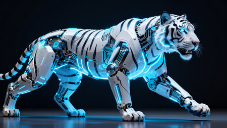 White tiger robot with blue neon light on dark background. 3D rendering.の素材