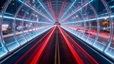 car light trails on the road in shanghai china.の素材