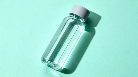 Transparent cosmetic bottle on turquoise background. Top view.の素材