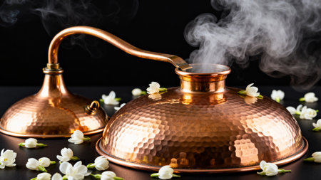 Vintage copper teapot and jasmine flowers on black backgroundの素材