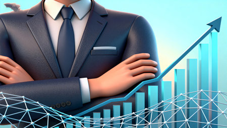3D rendering of a businessman with a graph in the background.の素材