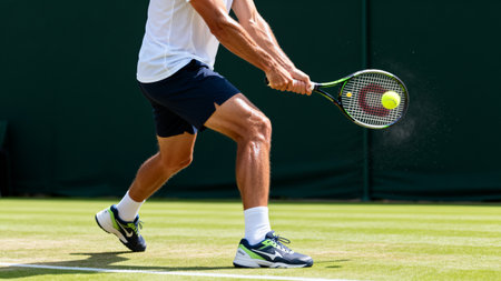 tennis player in action during a match on a tennis court.の素材
