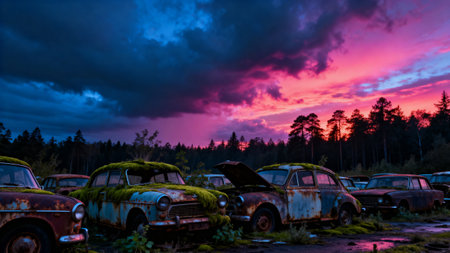 Abandoned cars in a forest at sunset. Colorful sky.の素材