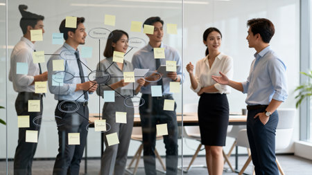 Group of business people brainstorming with sticky notes on glass wall in officeの素材