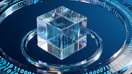 3d illustration of cube with binary code inside on blue background.の素材