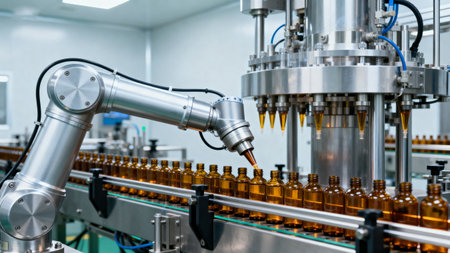 Automatic filling machine pours water into plastic PET bottles. Brewing production. Industrial backgroundの素材