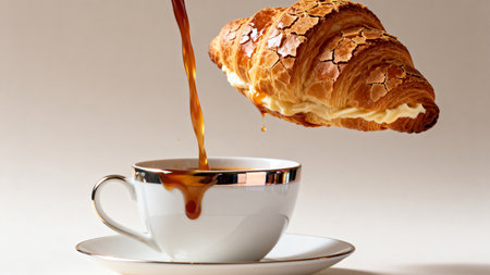 Coffee pouring into a cup of croissant on white backgroundの素材