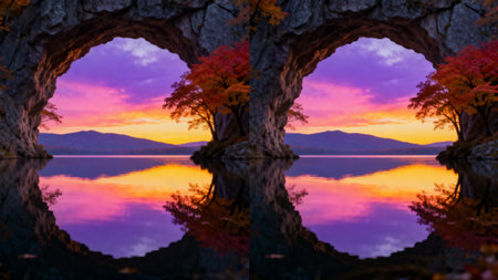 Autumn landscape with lake and stone arch in the park at sunsetの素材