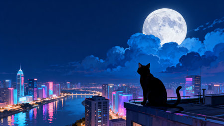 Cat on the roof and city at night with full moon background.の素材