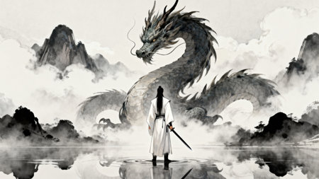Dragon and samurai in the fog. Illustration of a fantasy sceneの素材
