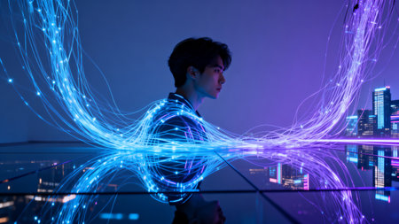 double exposure of young asian business man working on laptop computer in modern office with digital network connectionの素材