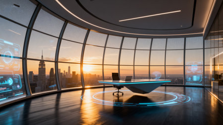 Modern office interior with city view and daylight. 3D Renderingの素材