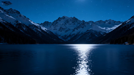 Mountain lake at night with starry sky and reflection in waterの素材