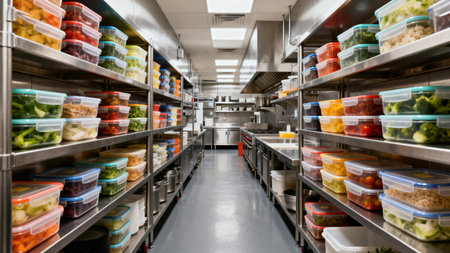 Interior of a food store with fixtures full of food products.の素材