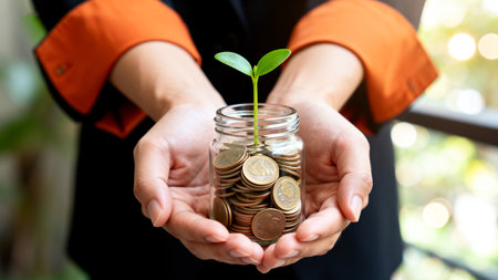 save money for investment concept plant growing out of coins in the handの素材