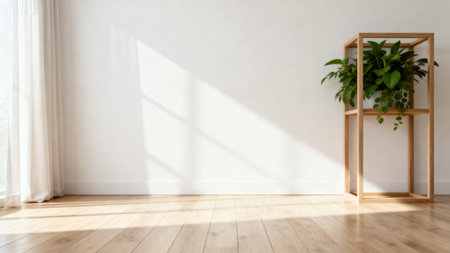 Sunlit room with plant on wooden shelfの素材
