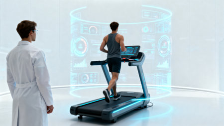 Man running on treadmill with digital interfaceの素材