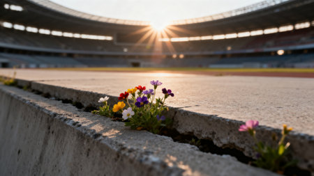 Flowers growing in stadium concreteの素材