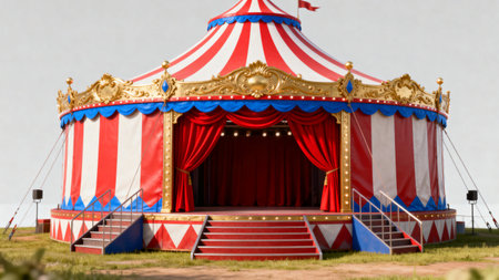 Circus tent with red white stripes and gold trimの素材