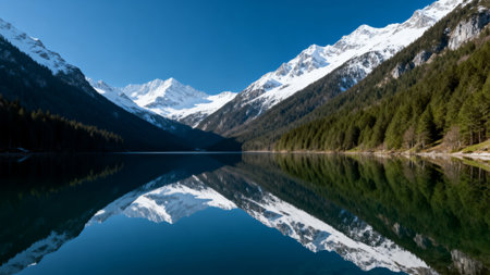 Snowy mountains reflected in calm lakeの素材