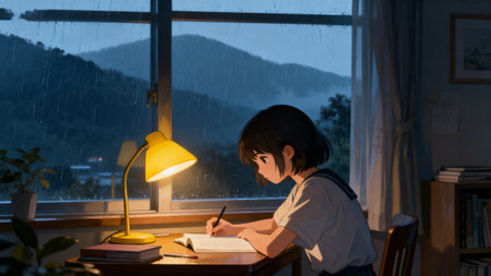 Girl writing at desk by rainy windowの素材